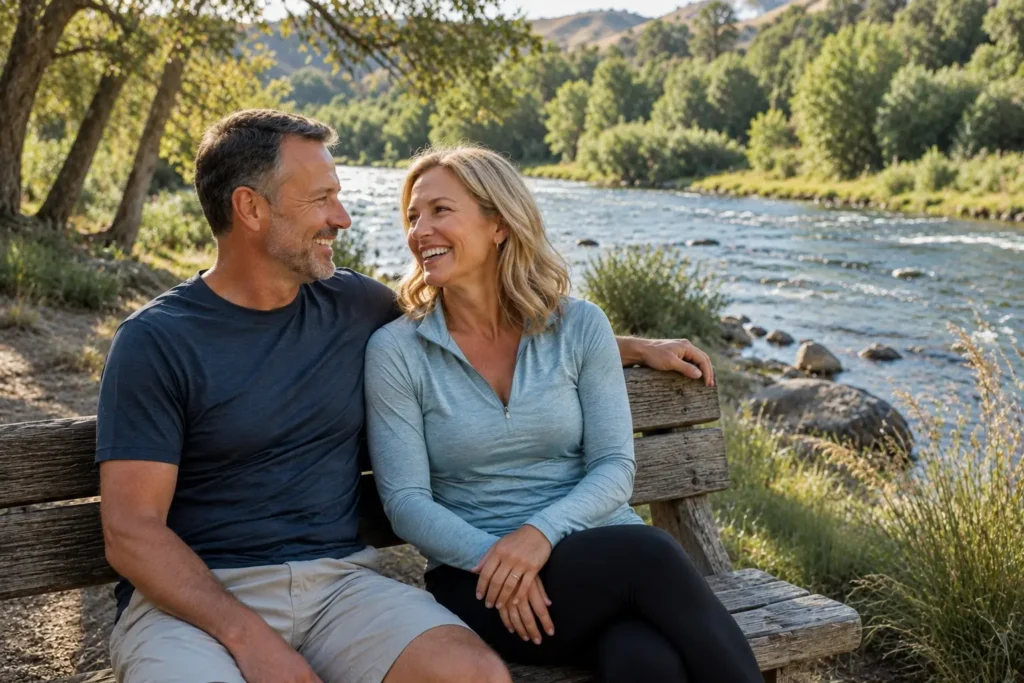 Happy couple near the Boise River after having HRT done at Alturas